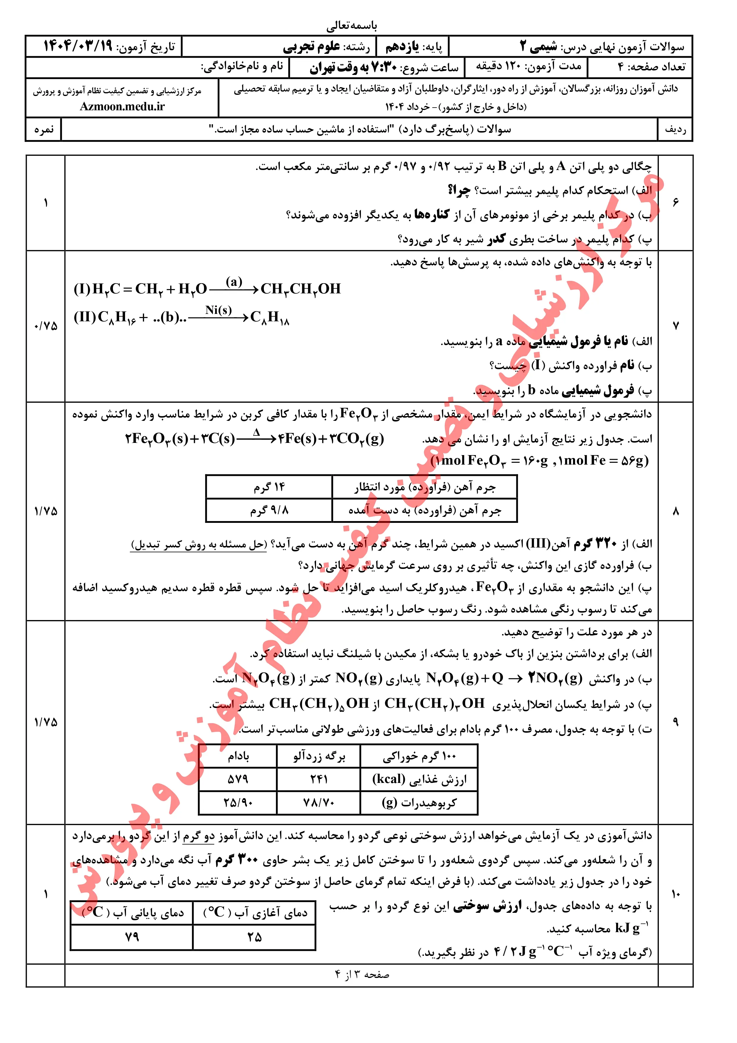 سوالات امتحان نهایی شیمی یازدهم خرداد ۱۴۰۴ + پاسخنامه